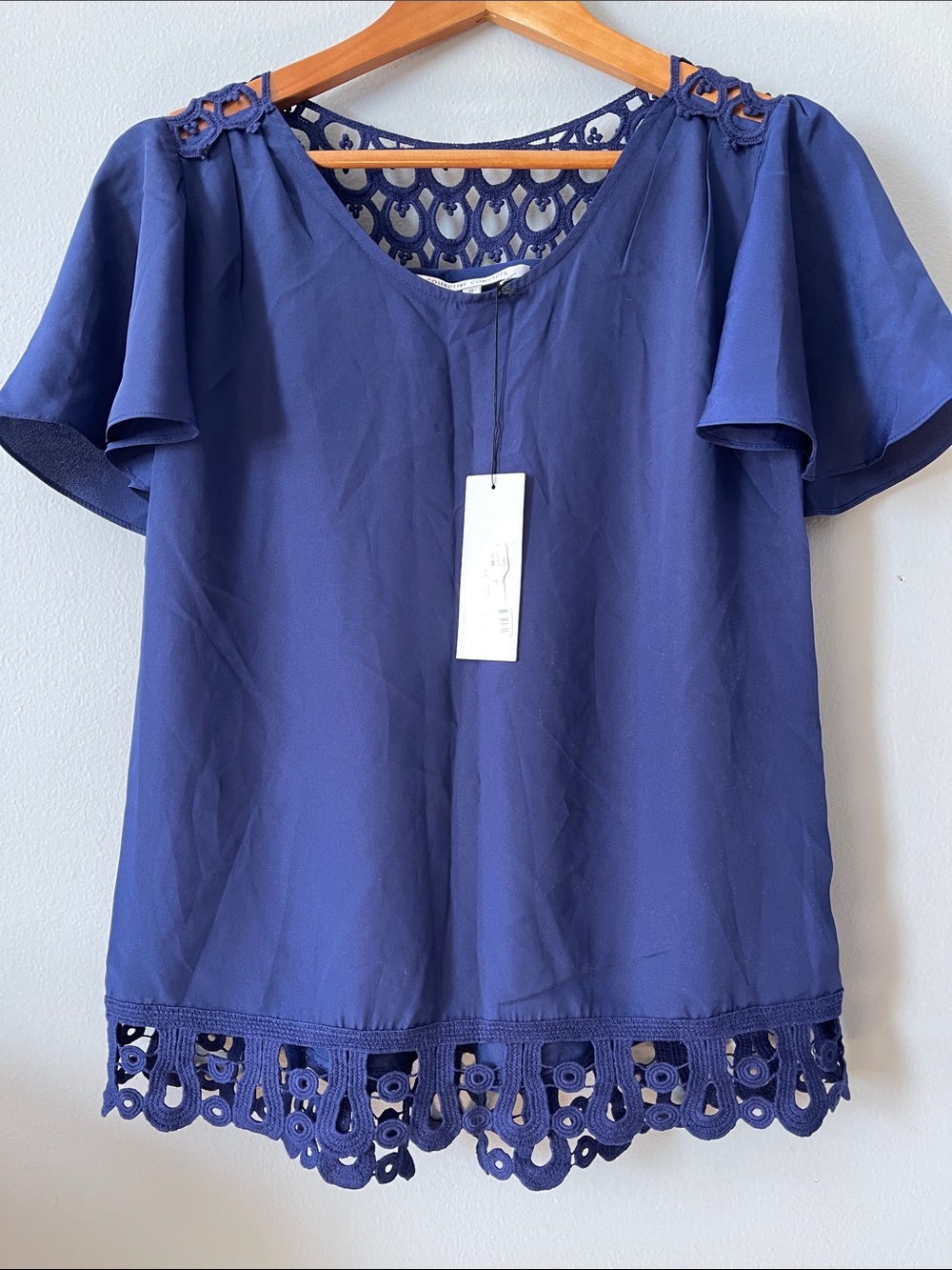 Navy Lace-Trim Flutter Sleeve Blouse
